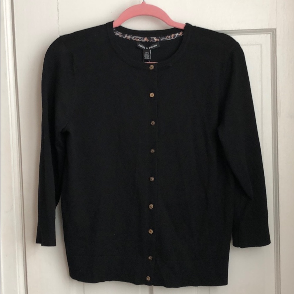 Classic black cardigan with leopard print detail